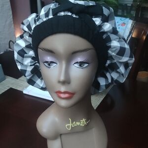 Black & White Checkered Satin Bonnet - Women Accessories